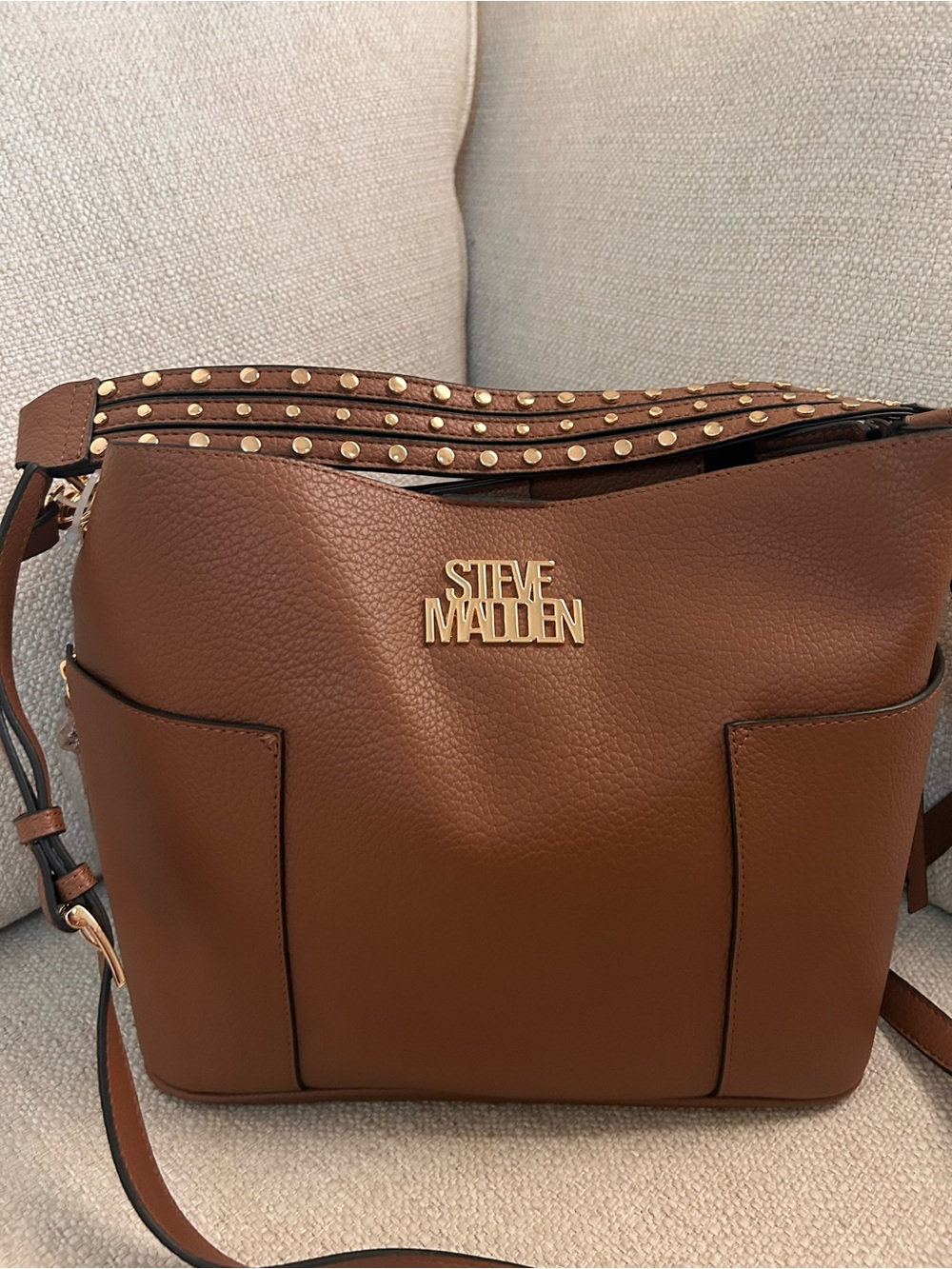 Steve Madden Hobo Tan Pebbled Shoulder Bag with Gold Studded Strap